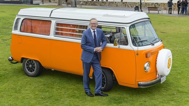 Prime Minister Anthony Albanese with Nelson, The Advertiser’s Voicewagen, at Glenelg on Friday. Picture: Roy VanDerVegt