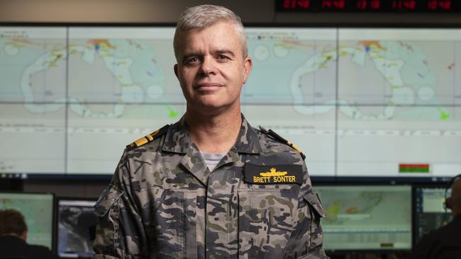 New Operation Sovereign Borders commander Rear Admiral Brett Sonter on the Australian Border Force ‘Watch Floor’ in Canberra. Picture: NCA NewsWire / Martin Ollman