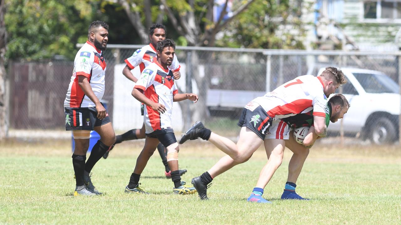RUGBY LEAGUE - A DAY AT THE PARK: Bluff Rabbitohs' Reece Baker gets tackled