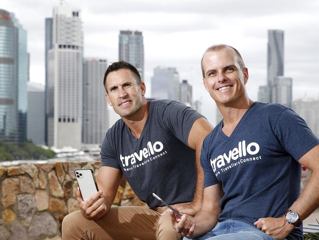 Tech cofounders Mark Cantoni and Ryan Hanly from Travello posing at the Kangaroo Point Cliffs, Brisbane 4th fo February 2020.  The App connects travellers in destination.  (AAP Image/Josh Woning)