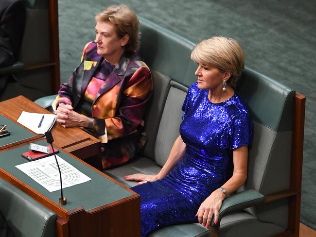 Julie Bishop listens to Treasurer Josh Frydenberg deliver the budget in the House of Representatives. Picture: Getty