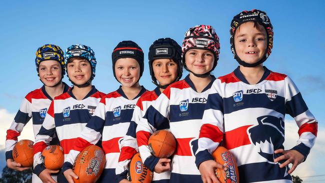 Highett Football Club junior players wearing helmets during matches. Under 9 and 10 players left to right are Xavier, Mason, Lenny, Fletcher, Healey and Phoenix. Picture: Ian Currie