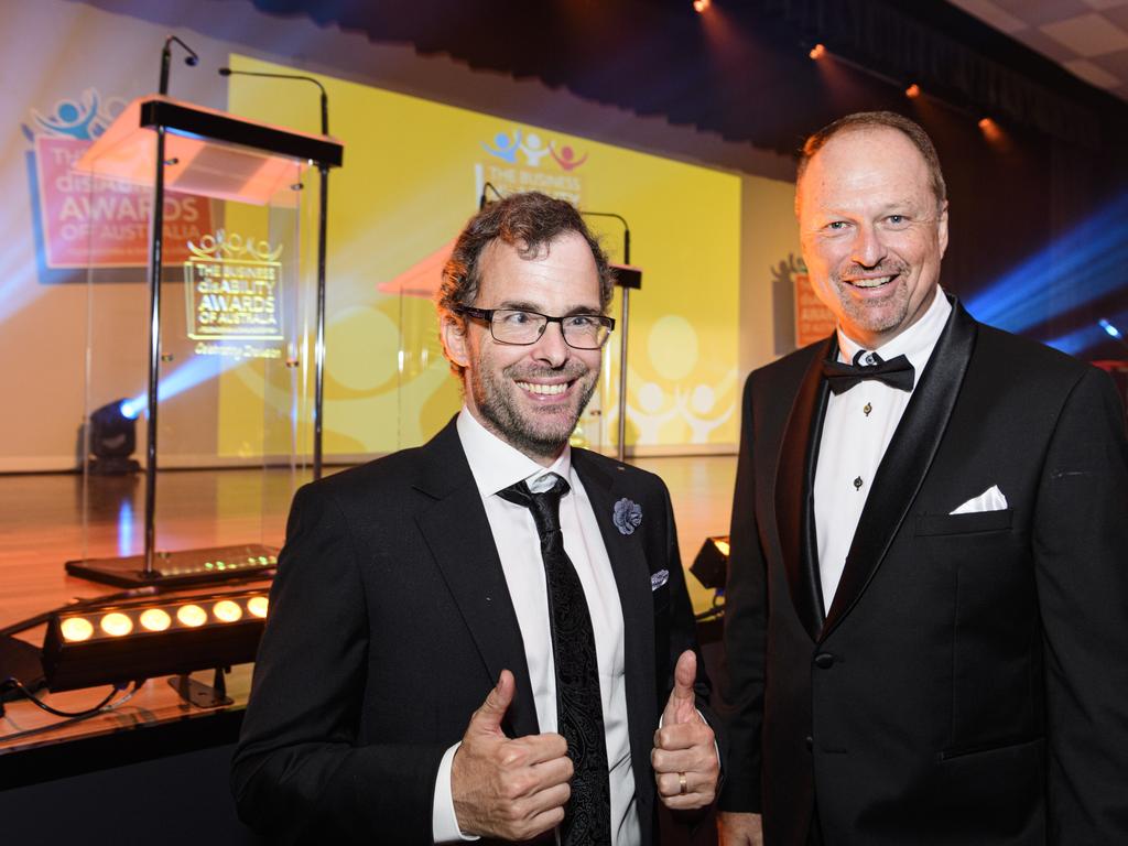 Paralympic gold medalist Matt Levy OAM (left) with Business disAbility Awards of Australia chair Greg Luck at Edmund Rice Cultural Centre, Saturday, May 17, 2025. Picture: Kevin Farmer