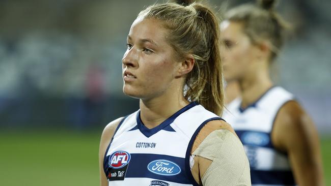 Cats star Olivia Purcell hurt her knee on Friday night. Picture: Dylan Burns/AFL Photos via Getty Images