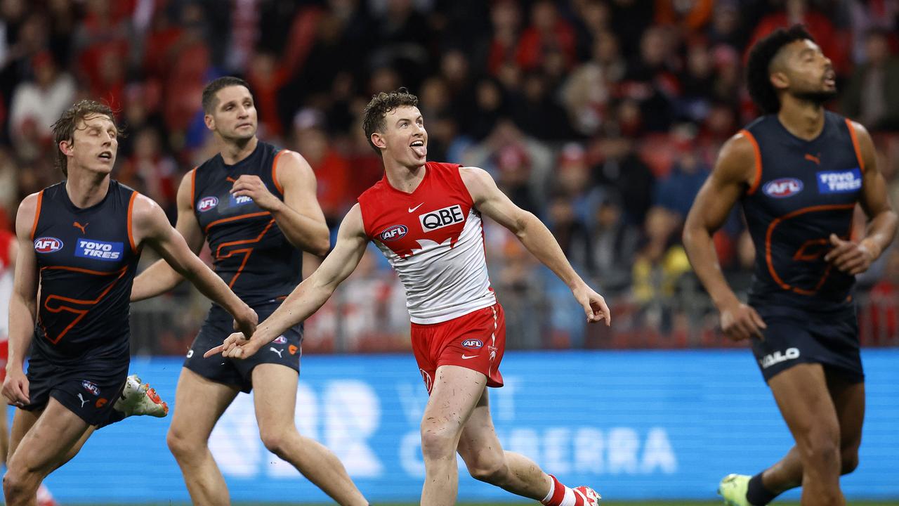 Sydney's Chad Warner celebrates a goal during the Sydney Derby against GWS Giants. Photo by Phil Hillyard