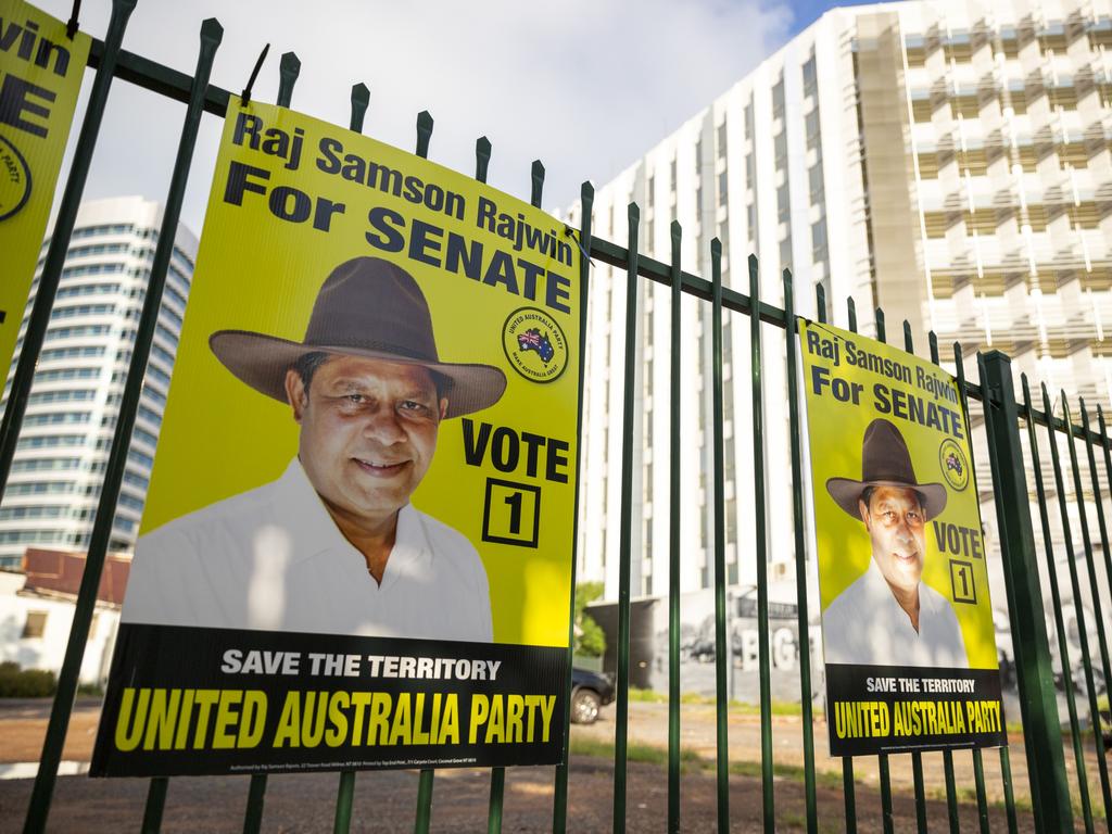 Raj Samson Rajwin campaign posters have appeared across the Darwin CBD. Picture: Floss Adams.