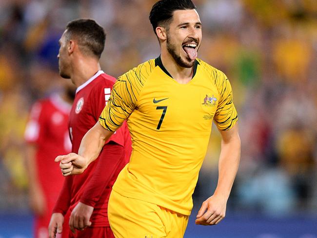 Mathew Leckie of the Socceroos celebrates after scoring a goal during the International friendly match between Australia and Lebanon at ANZ Stadium in Sydney, Tuesday, November 20, 2018. (AAP Image/Dan Himbrechts) NO ARCHIVING, EDITORIAL USE ONLY