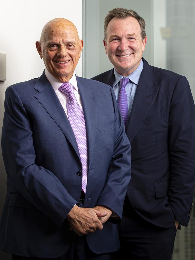 Solomon Lew with outgoing Premier boss Mark McInnes. Picture: Daniel Pockett