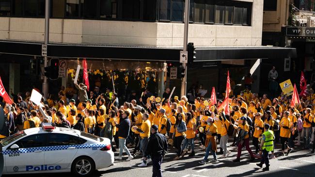 Protest in Sydney. A pay rise at the level demanded by Catholic teachers is likely to flow into higher school fees. Picture: NCA NewsWire / Flavio Brancaleone