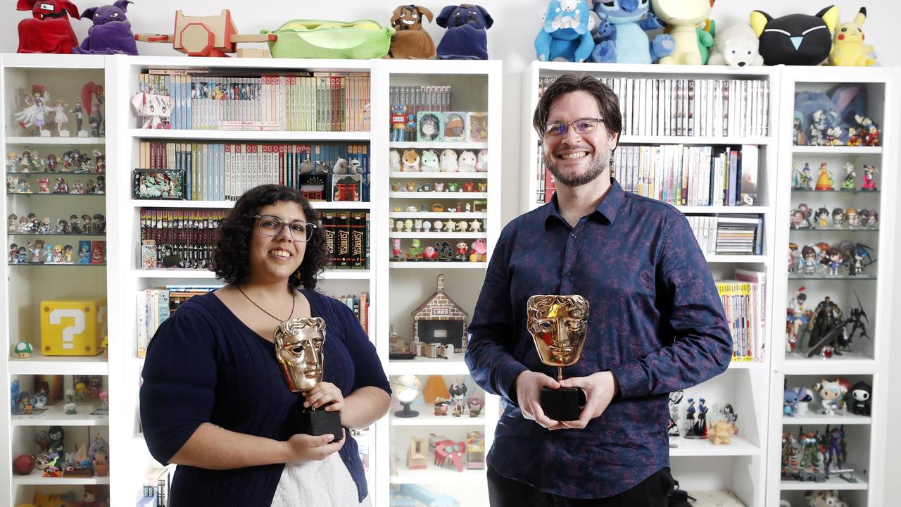 Wren Brier and Tim Dawson with their BAFTA awards at their Brisbane apartment.