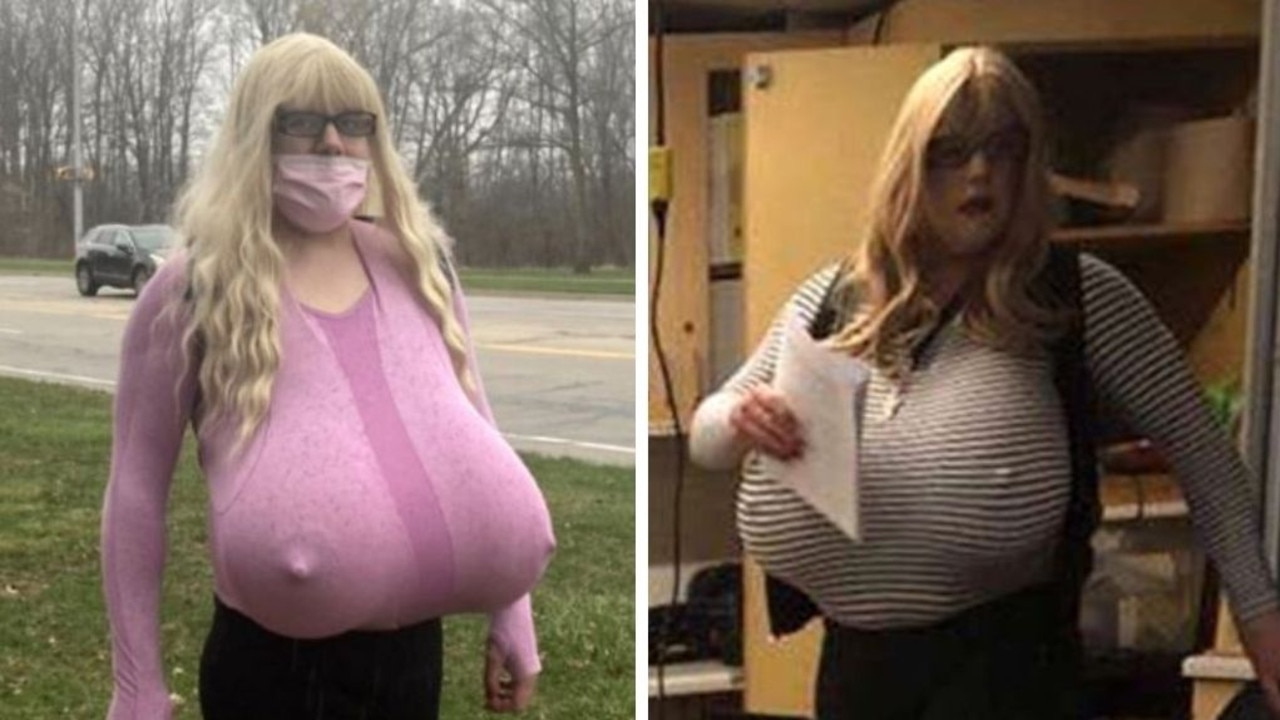 Trans teacher with Z-cup prosthetic breasts dresses as a MAN outside of  school