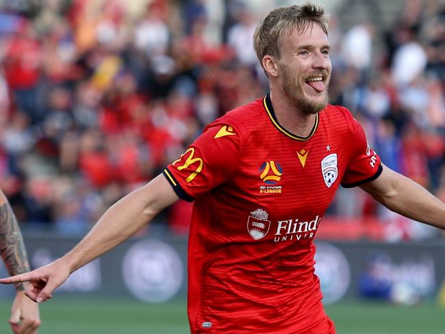 Ben Halloran of United celebrates a goal during the Round 17 A-League match between Adelaide United and Melbourne City FC at Coopers Stadium in Adelaide, Saturday, February 1, 2020. (AAP Image/Kelly Barnes) NO ARCHIVING, EDITORIAL USE ONLY