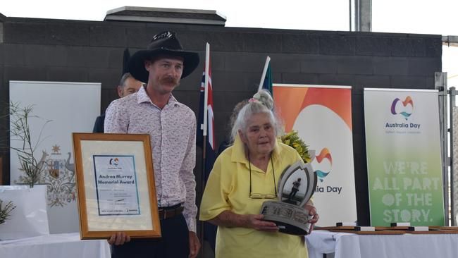 Michael Maloney's son accepts the Andrea Murray Memorial Award on his behalf at the Maranoa Australia Day Awards 2023. Picture: Chloe Cufflin.