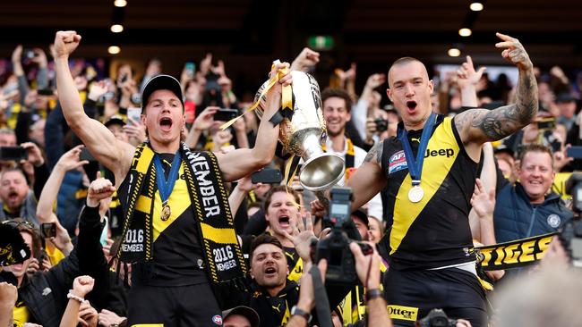 Liam Baker and Dustin Martin celebrating their Grand Final win. Picture: Getty