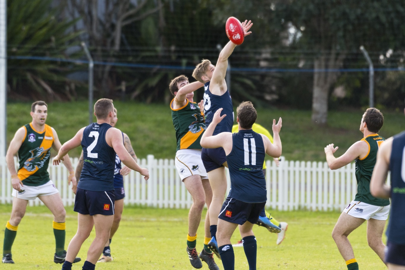 Coolaroo player Samuel Copland gets to the ball in front of Aiden Doolan of Goondiwindi in AFL Darling Downs round one at Rockville Oval, Saturday, July 11, 2020. Picture: Kevin Farmer