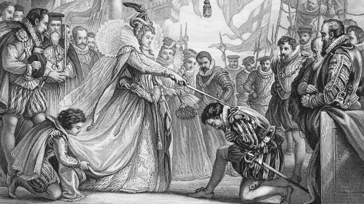 Queen Elizabeth I hitting Francis Drake with a sword for giving his boat a stupid name. Pic via Getty Images