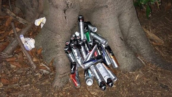 Aerosol cans dumped by a tree in the Broadwater Parklands at Southport.