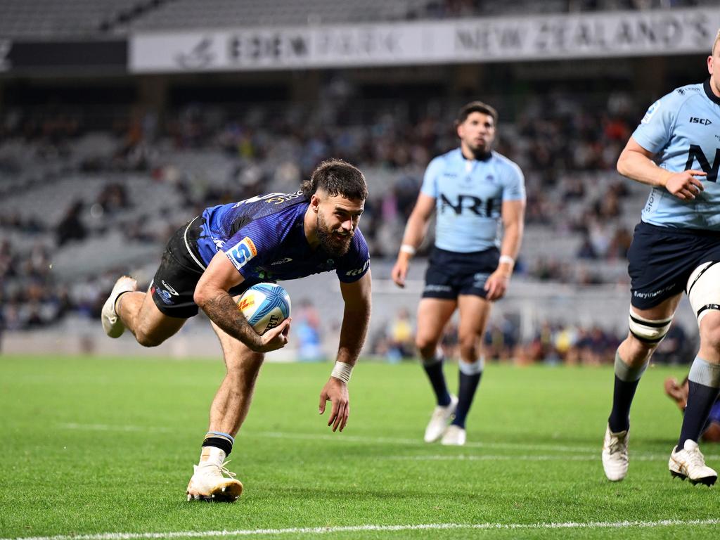 Corey Evans scores a try in the big Blues’ win. Picture: Getty Images