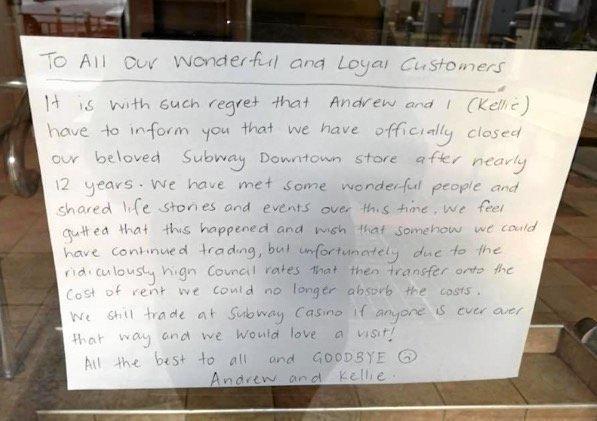 The heartfelt note Kellie and Andrew Acton left for customers after lengthy negotiations to keep their Subway restaurant on Molesworth St in Lismore's CBD open, failed. Picture: CONTRIBUTED