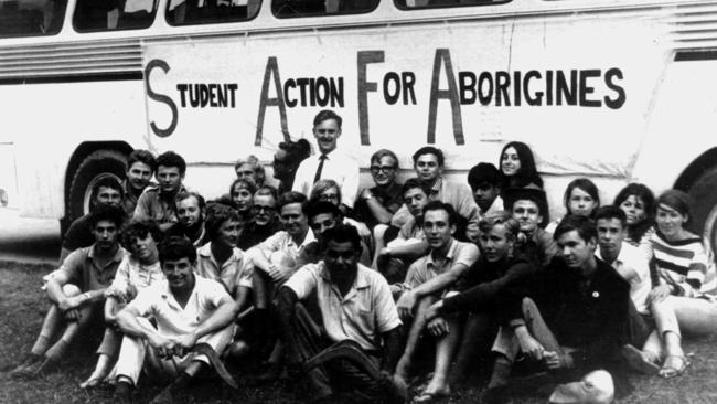 Sydney University students set out on a 'Freedom Ride' bus tour of NSW country towns to expose white racism, led by Charles Perkins and Jim Spigelman (both in the photo) in 1965. They called their protest Student Action for Aborigines (SAFA).