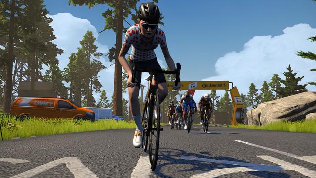 A mock-up of a scene from a new virtualised version of the Tour de France that begins this weekend. Official Tour de France riders including several from Australia will take part. Picture: Zwift.