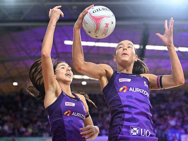 Ruby Bakewell-Doran and Remi Kamo when playing together for the Firebirds in 2024. Picture: Albert Perez/Getty Images
