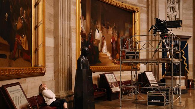 Scaffolding with a television camera is set inside the US Capitol Rotunda for the inauguration of Donald Trump. Picture: Chip Somodevilla/Getty Images/AFP