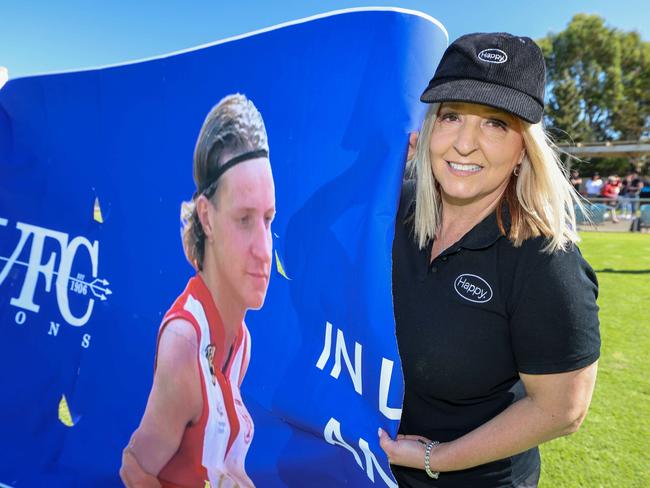 NEWS ADVWendy Smith BannerHope Valley Football Club.Wendy Smith for the anniversary of her son Antonio Lo Iacono's death. Image/Russell Millard Photography