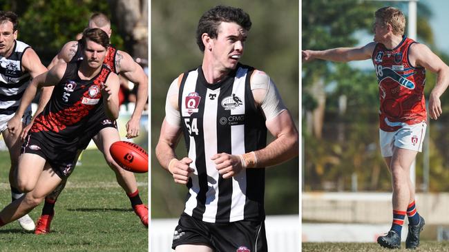 QAFL stars Campbell Aston (Redland Victoria Point), Brodie Gardner (Sherwood) and Ned Rosenbrock (Wilston Grange). Pictures: Highflyer Images and Brooke Sleep Media.