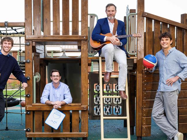 MELBOURNE, MAY 8, 2025: BEST TEACHERS CAMPAIGN. Male teachers at St Brendans Primary School, Flemington, L to R Will Shannon, Luke William Cameron, William Gribben, Will Madden. Picture: Mark Stewart