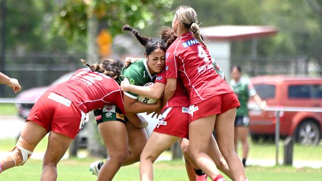 Redcliffe players swarm in defence during a trial against Ipswich. Picture, John Gass