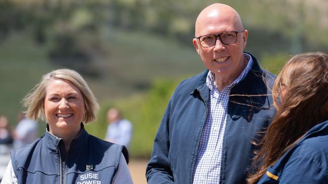 Leader of the Opposition Peter Dutton at Littlewood Berry Farm in Richmond, Tasmania with Liberal candidate for Lyons Susie Bower. Picture: NewsWire / Linda Higginson