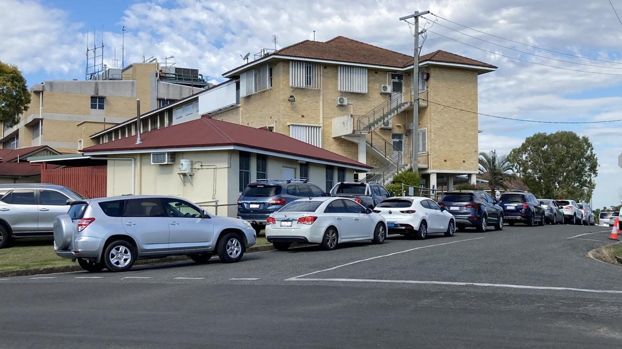 Drivers queued around the corner of the Gympie Hospital as they waited to be tested for Covid.