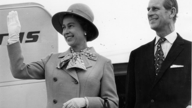 The Queen and the Duke of Edinburgh after arriving at Canberra Airport on October 17, 1973. Picture: Staff photographer