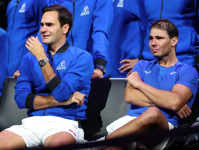 LONDON, ENGLAND - SEPTEMBER 23: Roger Federer of Team Europe shows emotion alongside Rafael Nadal following their final match during Day One of the Laver Cup at The O2 Arena on September 23, 2022 in London, England. (Photo by Julian Finney/Getty Images for Laver Cup)