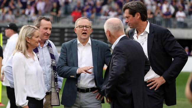 PERTH, AUSTRALIA - APRIL 02: Australian PM Anthony Albanese speaks with Gillon McLachlan, Chief Executive Officer of the AFL, WA Premier Mark McGowan, and Richard Goyder during the 2023 AFL Round 03 match between the Fremantle Dockers and the West Coast Eagles at Optus Stadium on April 2, 2023 in Perth, Australia. (Photo by Will Russell/AFL Photos via Getty Images)