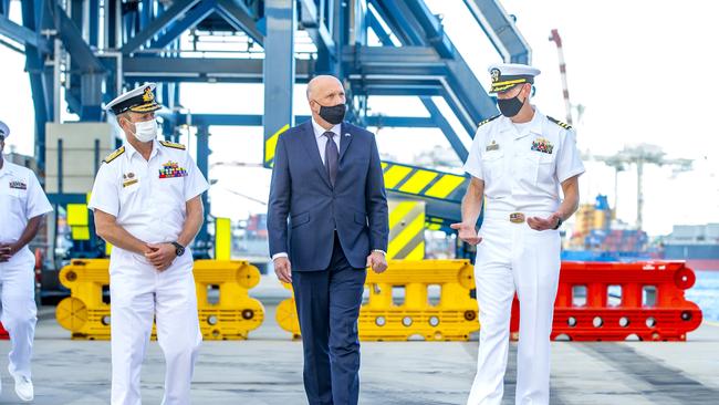 Minister for Defence Peter Dutton on board US Navy destroyer USS Sampson docked in Brisbane with Royal Australian Navy Vice Admiral Mike Noonan and US Navy Commander Adam Soukup. Picture: Richard Walker