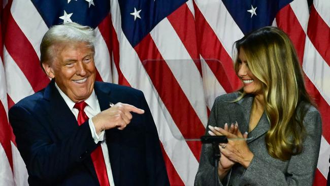 Donald and Melania Trump on stage at his election night event at the West Palm Beach Convention Centre in Florida. Picture: AFP.