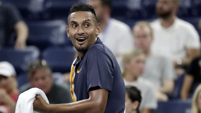 Nick Kyrgios looks to the stands during the first set at the US Open. Picture: Julio Cortez/AP