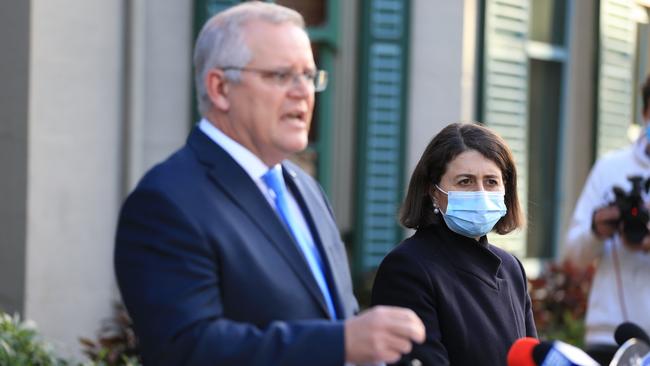 Australian Prime Minister Scott Morrison and NSW Premier Gladys Berejiklian announce the lockdown support boost. Picture: NCA NewsWire / Christian Gilles