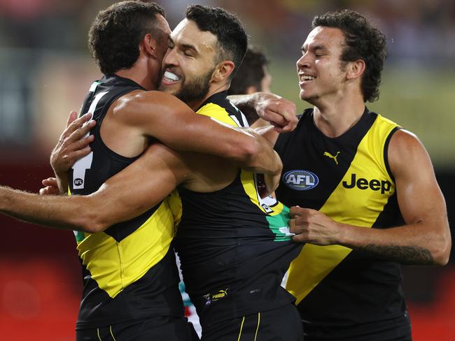 Shane Edwards celebrates his goal in the second quarter. Picture: Michael Klein