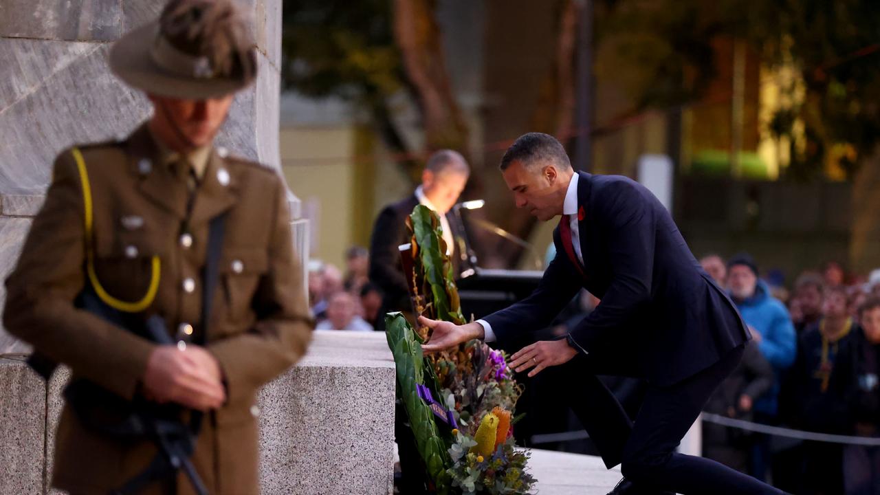 South Australian Premier Peter Malinauskas laid a wreath at a dawn service in Adelaide Picture: NCA NewsWire / Kelly Barnes.