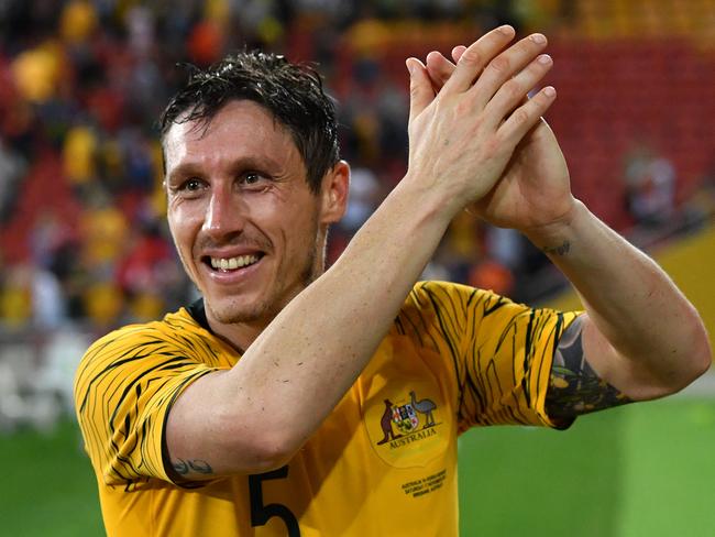 Mark Milligan of the Socceroos is seen reacting at the end of the International friendly match between Australia and the Korea Republic at Suncorp Stadium, in Brisbane, Saturday, November 17, 2018. (AAP Image/Darren England) NO ARCHIVING, EDITORIAL USE ONLY
