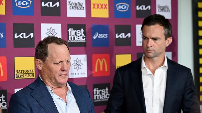 Brisbane CEO Dave Donaghy (R) and former coach Kevin Walters address the media on Friday morning. Picture: Getty Images