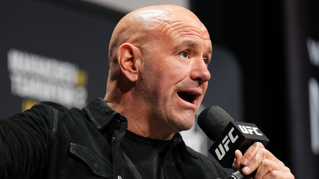 INGLEWOOD, CALIFORNIA - JANUARY 16: UFC CEO Dana White is seen on stage during the UFC 311 press conference at Intuit Dome on January 16, 2025 in Inglewood, California.  (Photo by Cooper Neill/Zuffa LLC)