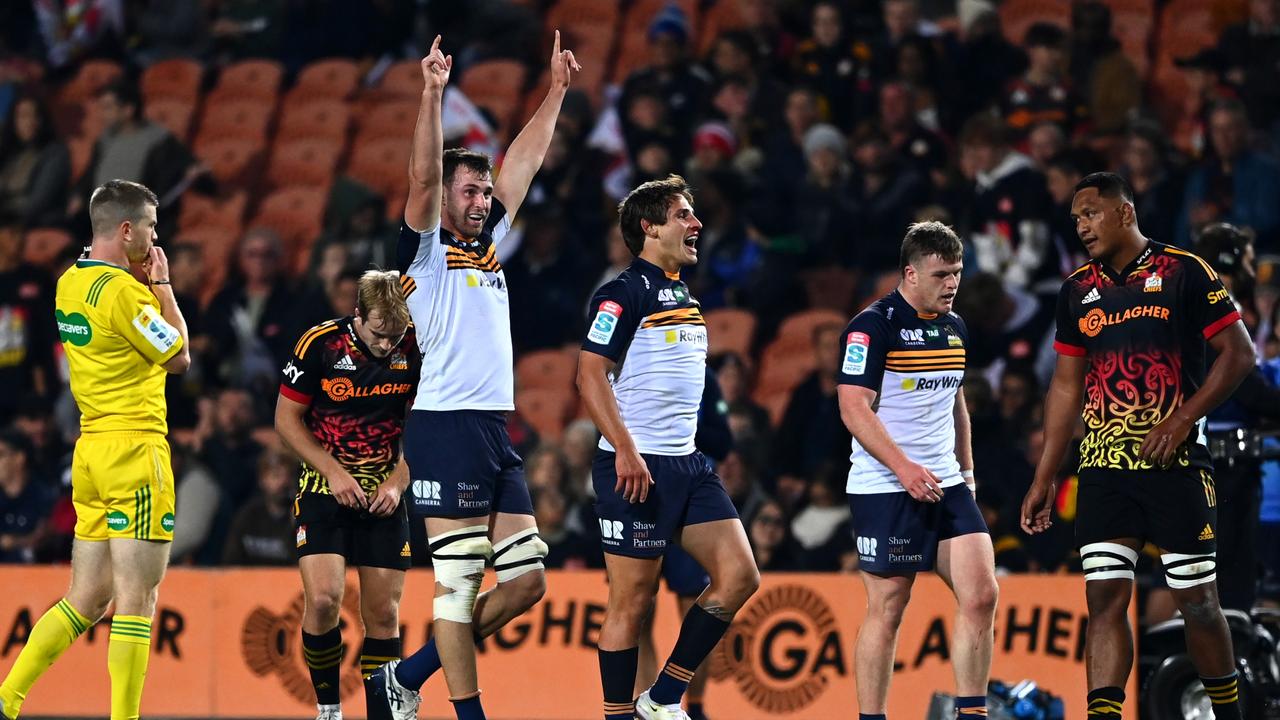 Nick Frost celebrates after the Brumbies’ win over the Chiefs. (Photo by Hannah Peters/Getty Images)