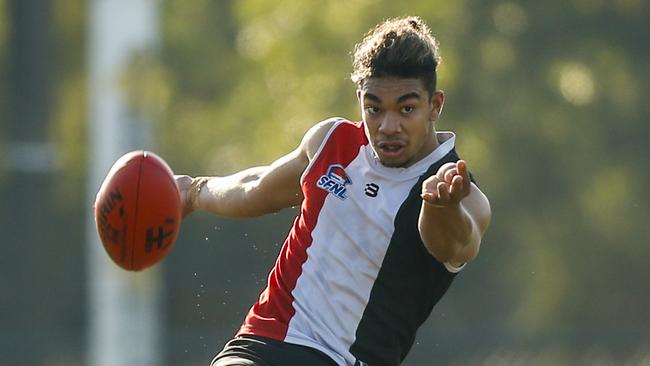 Tyrell Lafituanai takes a kick for St Kilda City. Picture: Valeriu Campan