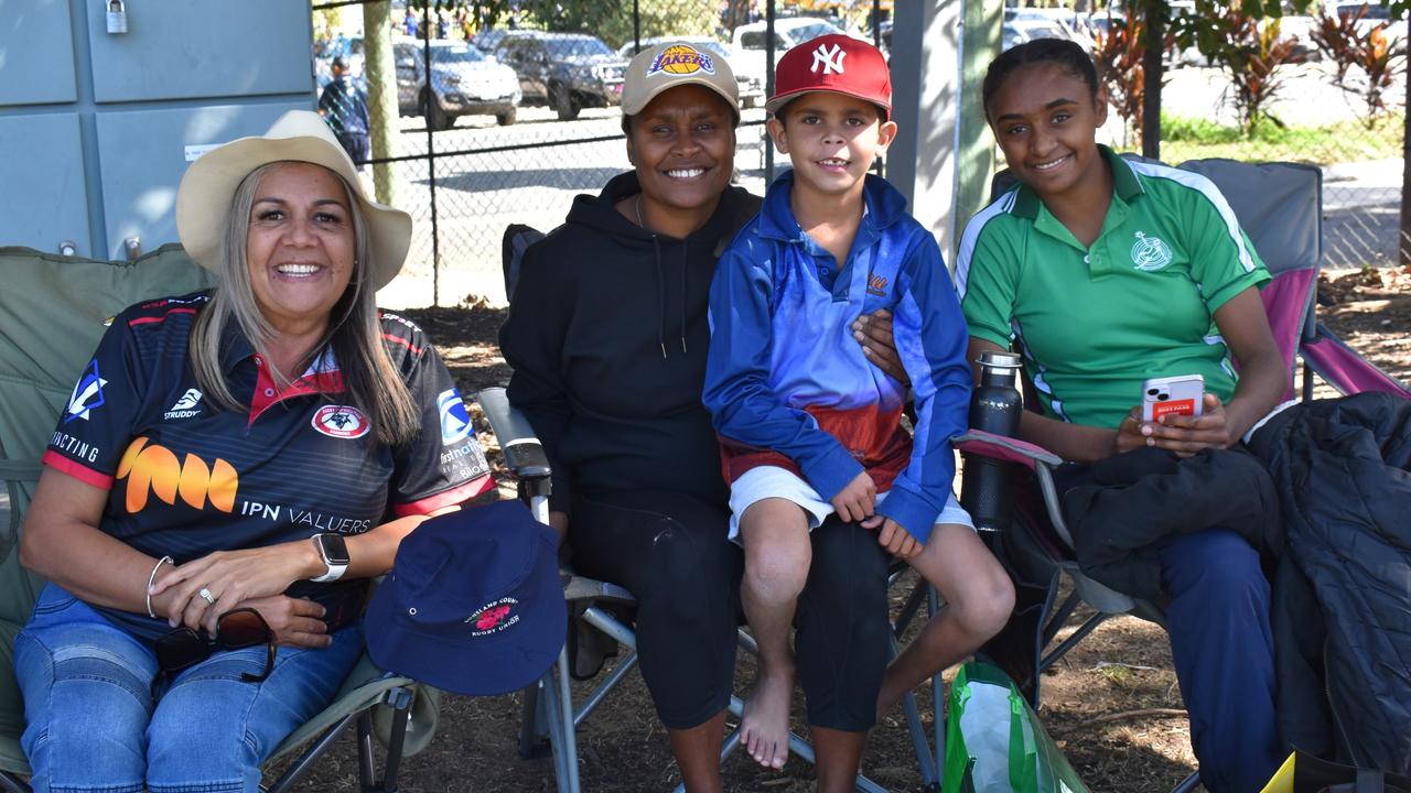 Rockhampton's Trish Tame, Kim Lawton, Levi Clark and Malu Auda at the Queensland Country Rugby Union Championships in Rockhampton, July 1, 2023.