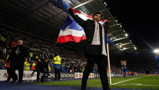 Apichet Srivaddhanaprabha, the son of Leicester City’s Thai chairman Vichai Srivaddhanaprabha leads tributes to his late father at King Power Stadium. Picture: AFP