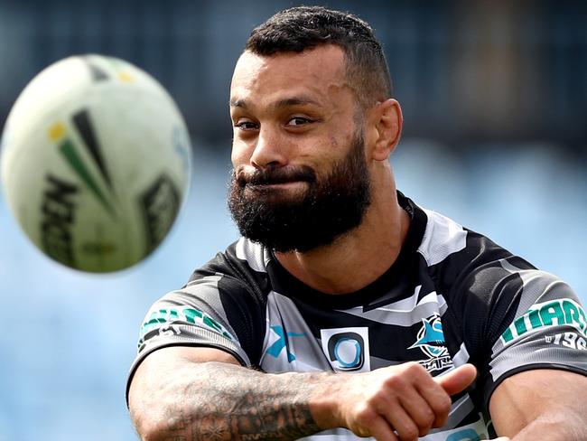 Jayson Bukuya passes during the Cronulla Sharks training at Southern Cross Group Stadium , Cronulla . Picture : Gregg Porteous